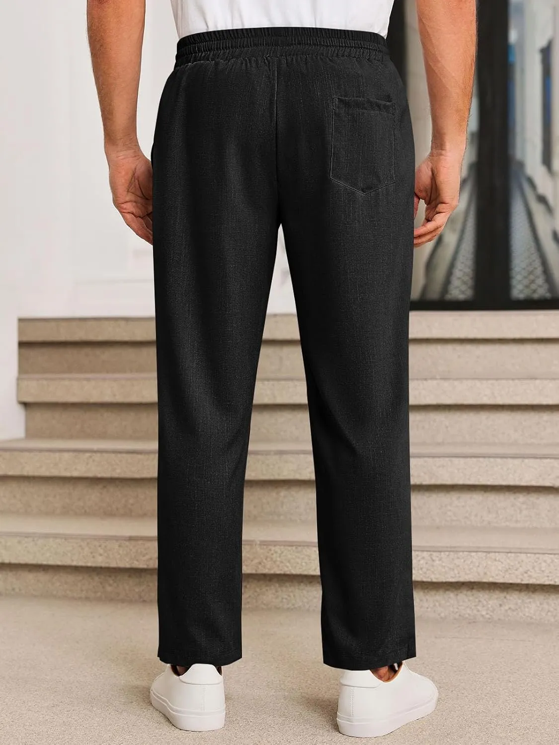 Runcati Mens Casual Pants Drawstring Elastic Waist Lightweight Cropped Linen Pants Summer Yoga Beach Trousers