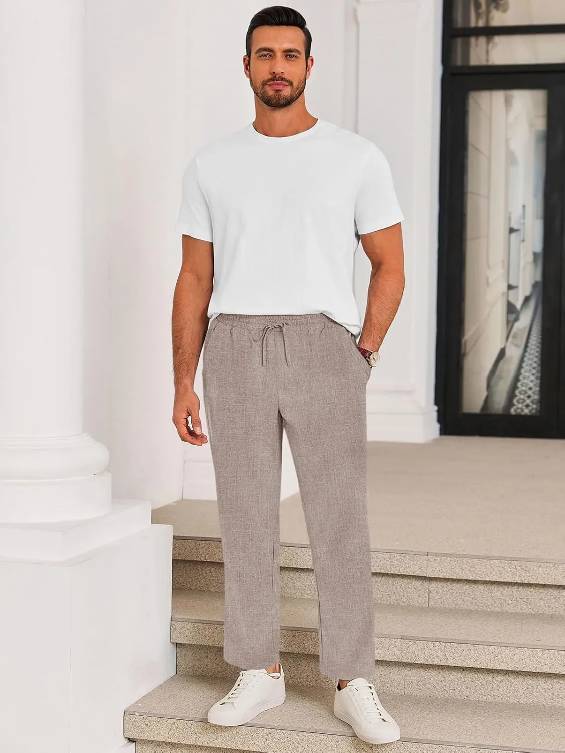 Runcati Mens Casual Pants Drawstring Elastic Waist Lightweight Cropped Linen Pants Summer Yoga Beach Trousers