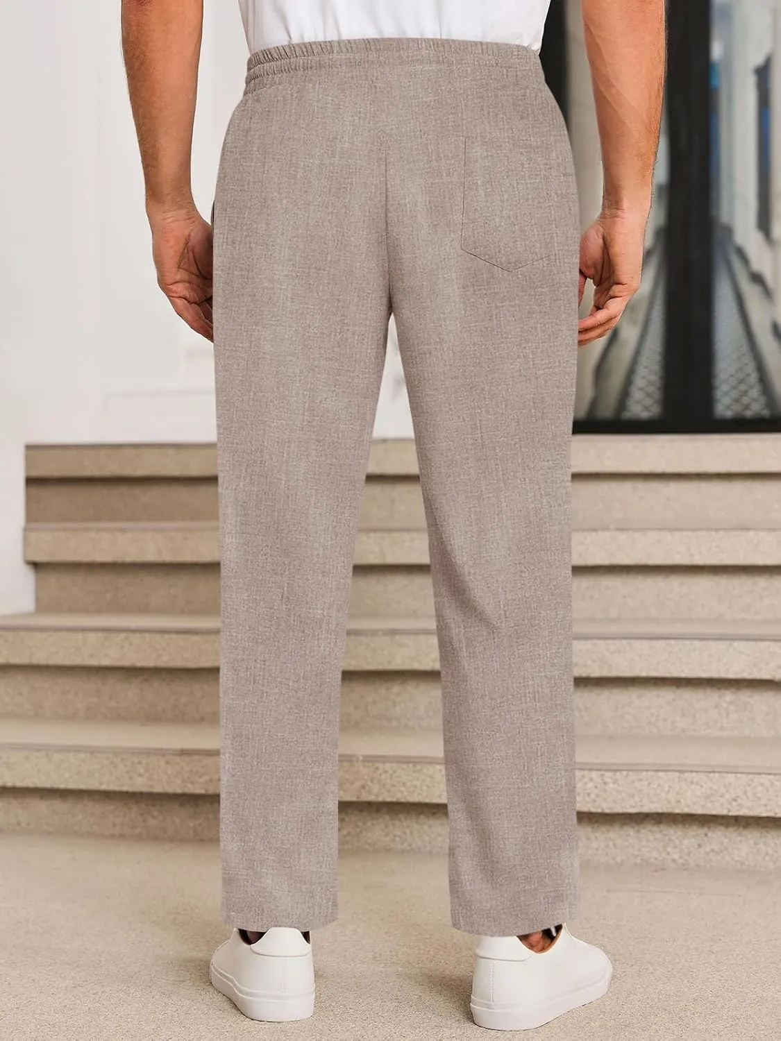 Runcati Mens Casual Pants Drawstring Elastic Waist Lightweight Cropped Linen Pants Summer Yoga Beach Trousers