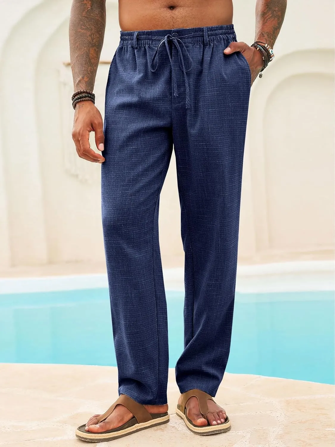Runcati Mens Casual Pants Linen Elastic Waist Drawstring Lightweight Pants Loose Fit Summer Beach Yoga Trouser