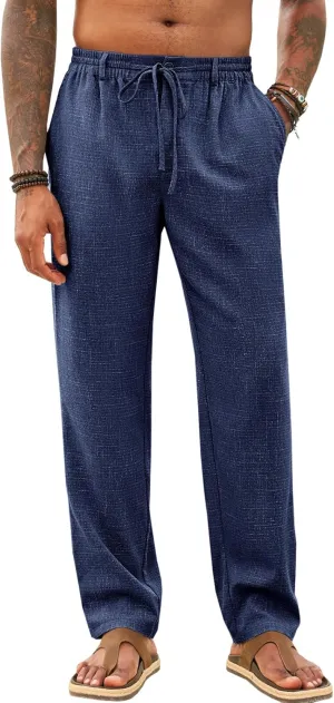 Runcati Mens Casual Pants Linen Elastic Waist Drawstring Lightweight Pants Loose Fit Summer Beach Yoga Trouser