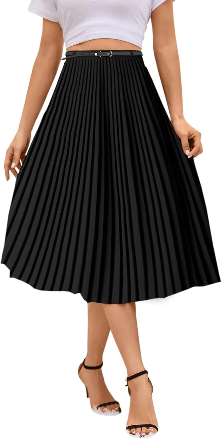 SANGTREE Women Long Pleated Skirt, High Waisted Stretchy Flowy Casual Outdoor Travel Accordion Weekend Skirt