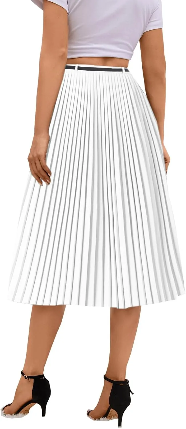 SANGTREE Women Long Pleated Skirt, High Waisted Stretchy Flowy Casual Outdoor Travel Accordion Weekend Skirt