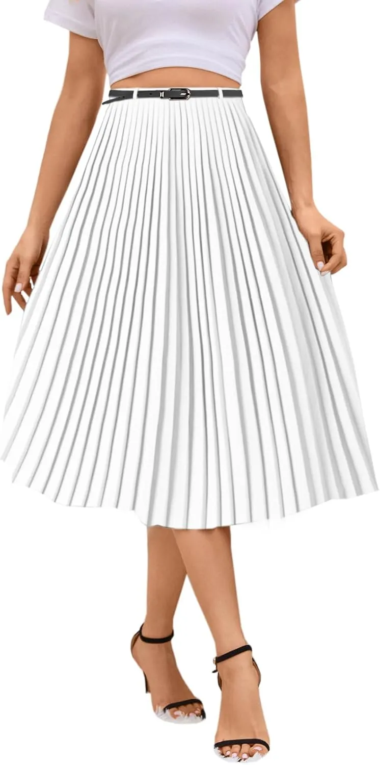 SANGTREE Women Long Pleated Skirt, High Waisted Stretchy Flowy Casual Outdoor Travel Accordion Weekend Skirt