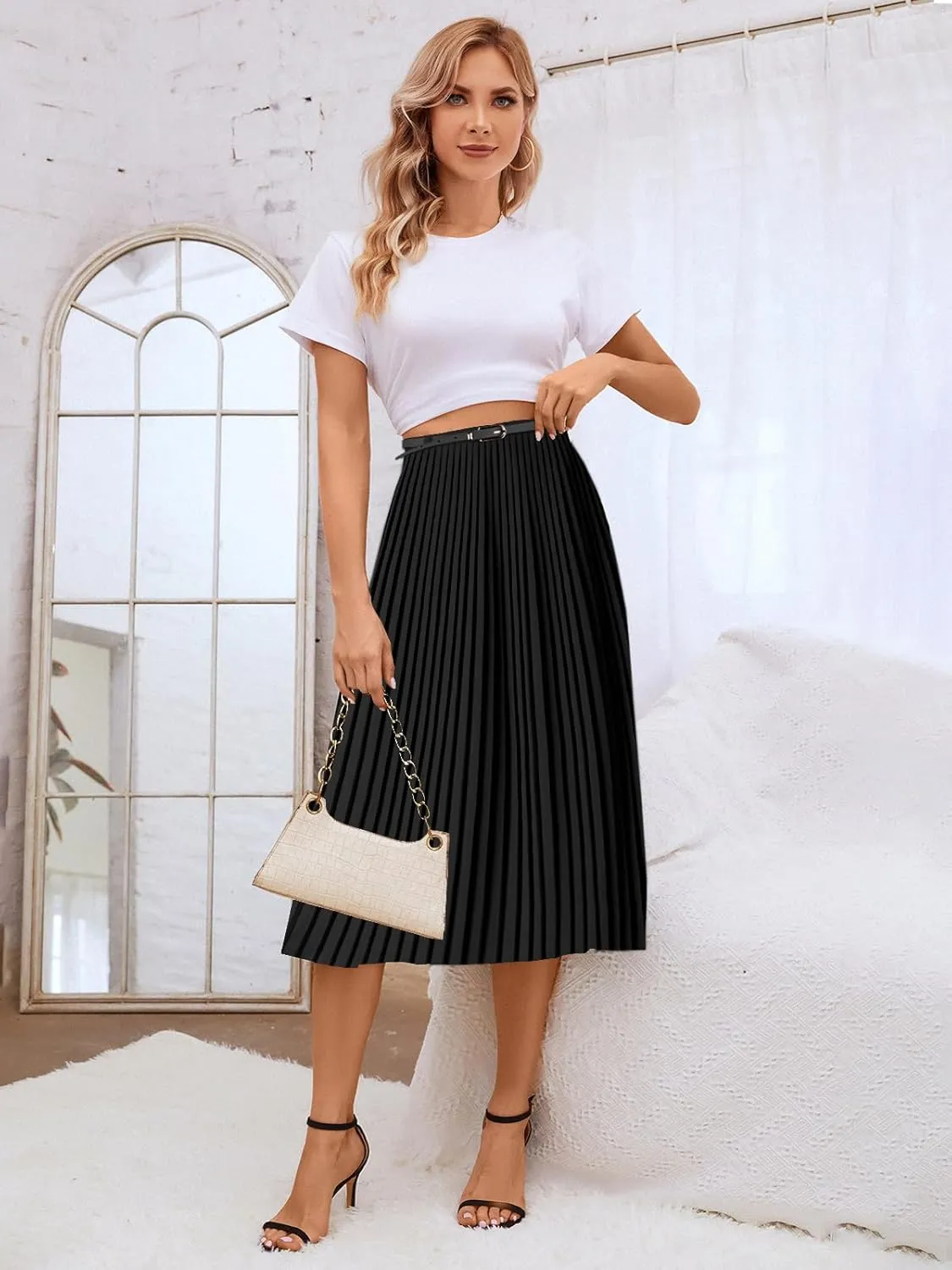 SANGTREE Women Long Pleated Skirt, High Waisted Stretchy Flowy Casual Outdoor Travel Accordion Weekend Skirt