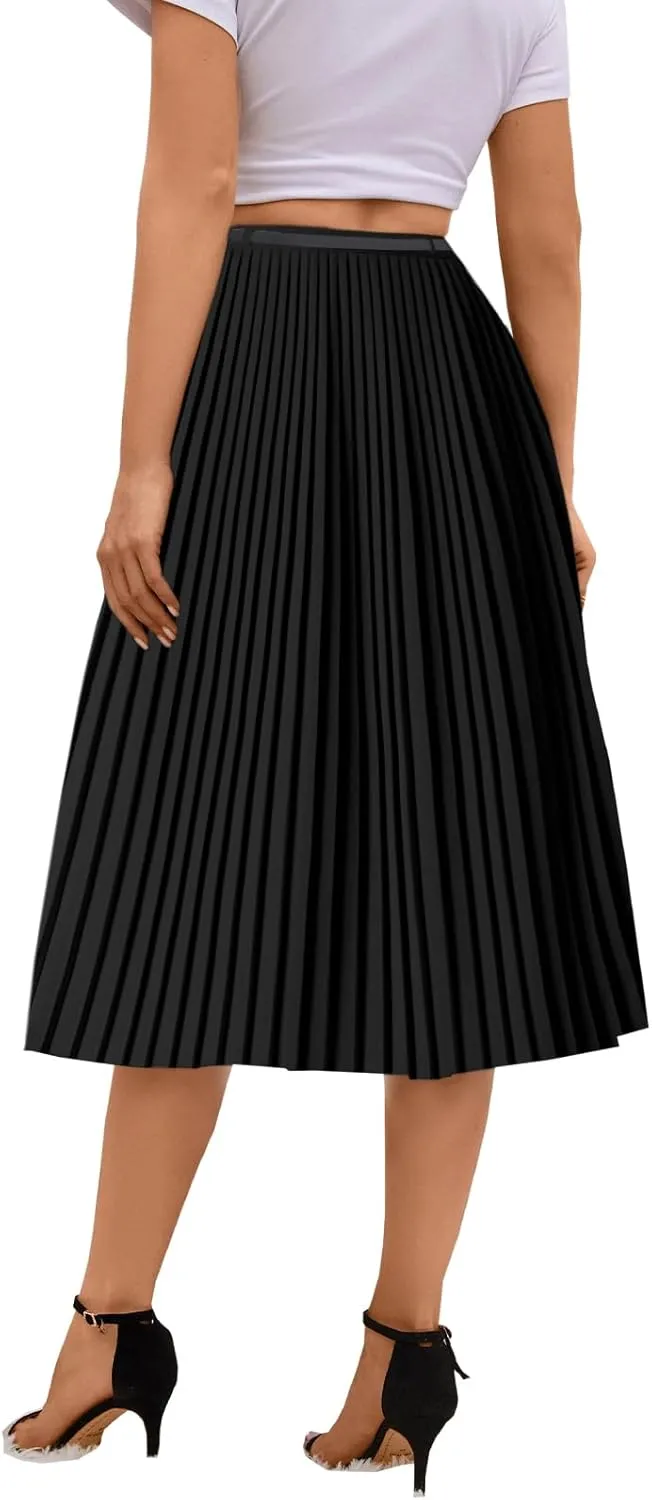 SANGTREE Women Long Pleated Skirt, High Waisted Stretchy Flowy Casual Outdoor Travel Accordion Weekend Skirt