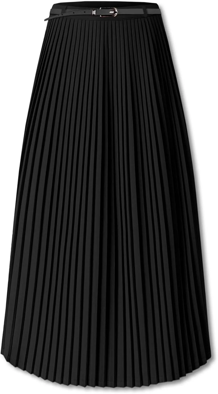 SANGTREE Women Long Pleated Skirt, High Waisted Stretchy Flowy Casual Outdoor Travel Accordion Weekend Skirt