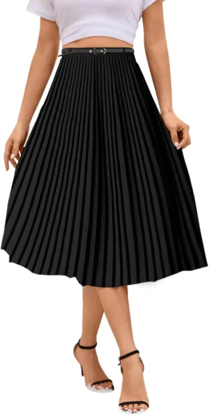 SANGTREE Women Long Pleated Skirt, High Waisted Stretchy Flowy Casual Outdoor Travel Accordion Weekend Skirt