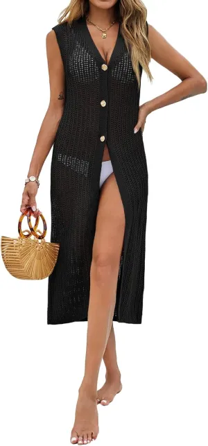 Saodimallsu Womens Crochet Beach Cover Up Summer Sleeveless Sweater Vest Knit Button Up Long Cardigans