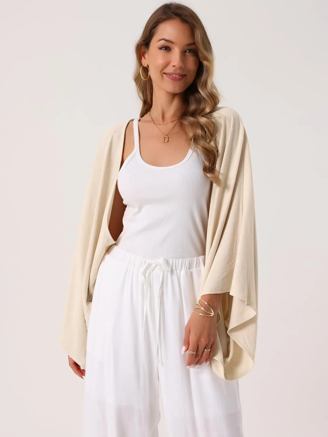 Seta T Women's Summer Linen Cardigan 3/4 Sleeve Open Front Loose Cover Ups Lightweight Shrug