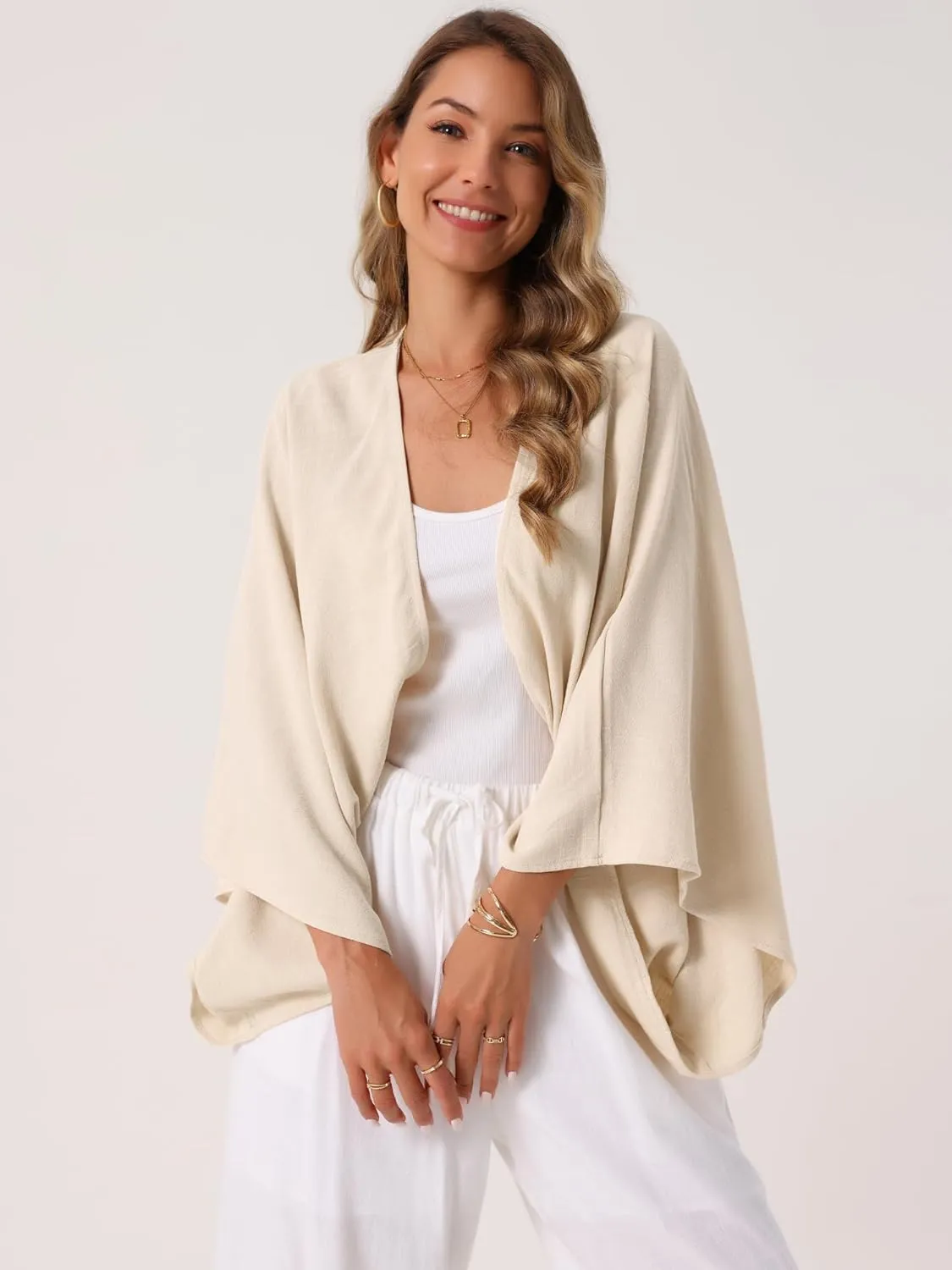Seta T Women's Summer Linen Cardigan 3/4 Sleeve Open Front Loose Cover Ups Lightweight Shrug