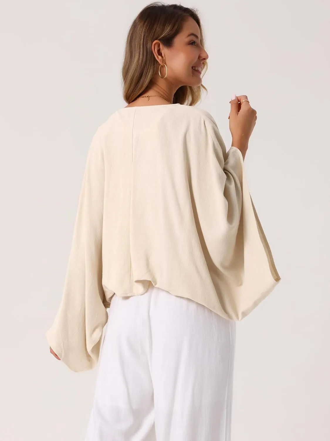 Seta T Women's Summer Linen Cardigan 3/4 Sleeve Open Front Loose Cover Ups Lightweight Shrug