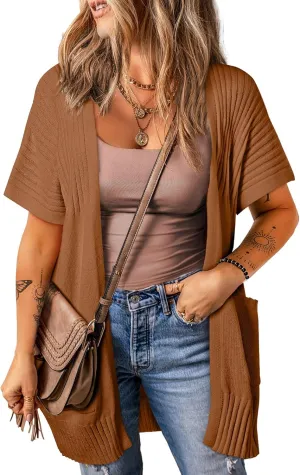 SHEWIN Cardigan Sweaters for Women Lightweight Open Front Pleated Summer Short Sleeve Cardigans Sweater