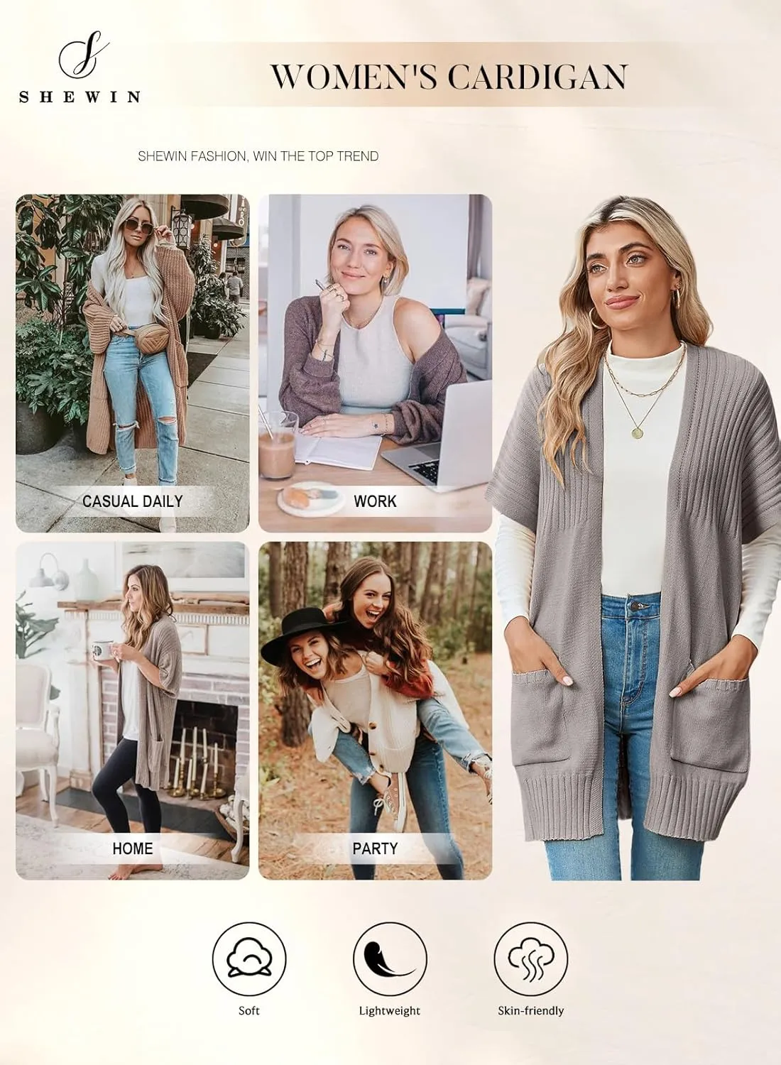 SHEWIN Cardigan Sweaters for Women Lightweight Open Front Pleated Summer Short Sleeve Cardigans Sweater