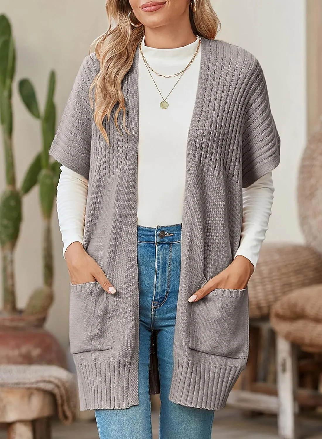 SHEWIN Cardigan Sweaters for Women Lightweight Open Front Pleated Summer Short Sleeve Cardigans Sweater