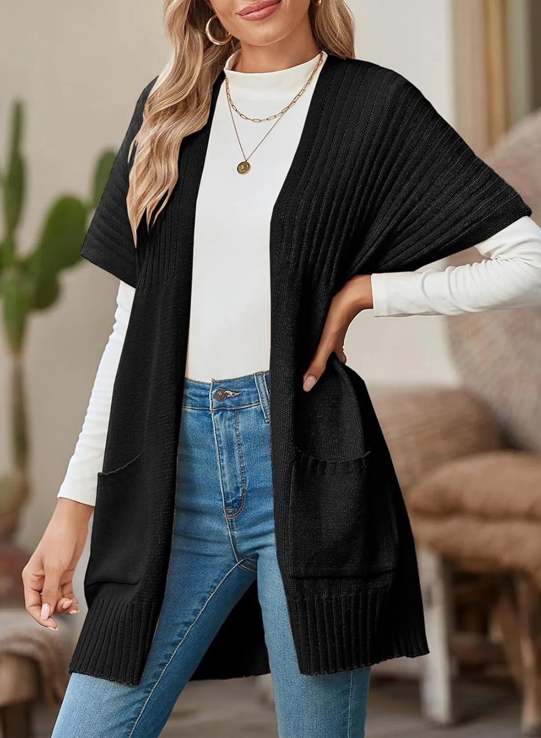SHEWIN Cardigan Sweaters for Women Lightweight Open Front Pleated Summer Short Sleeve Cardigans Sweater