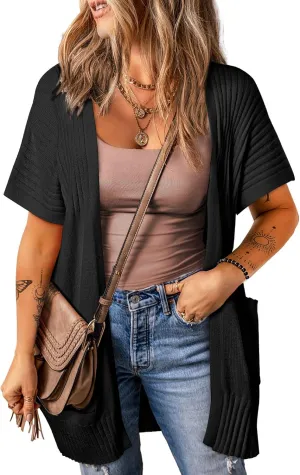 SHEWIN Cardigan Sweaters for Women Lightweight Open Front Pleated Summer Short Sleeve Cardigans Sweater