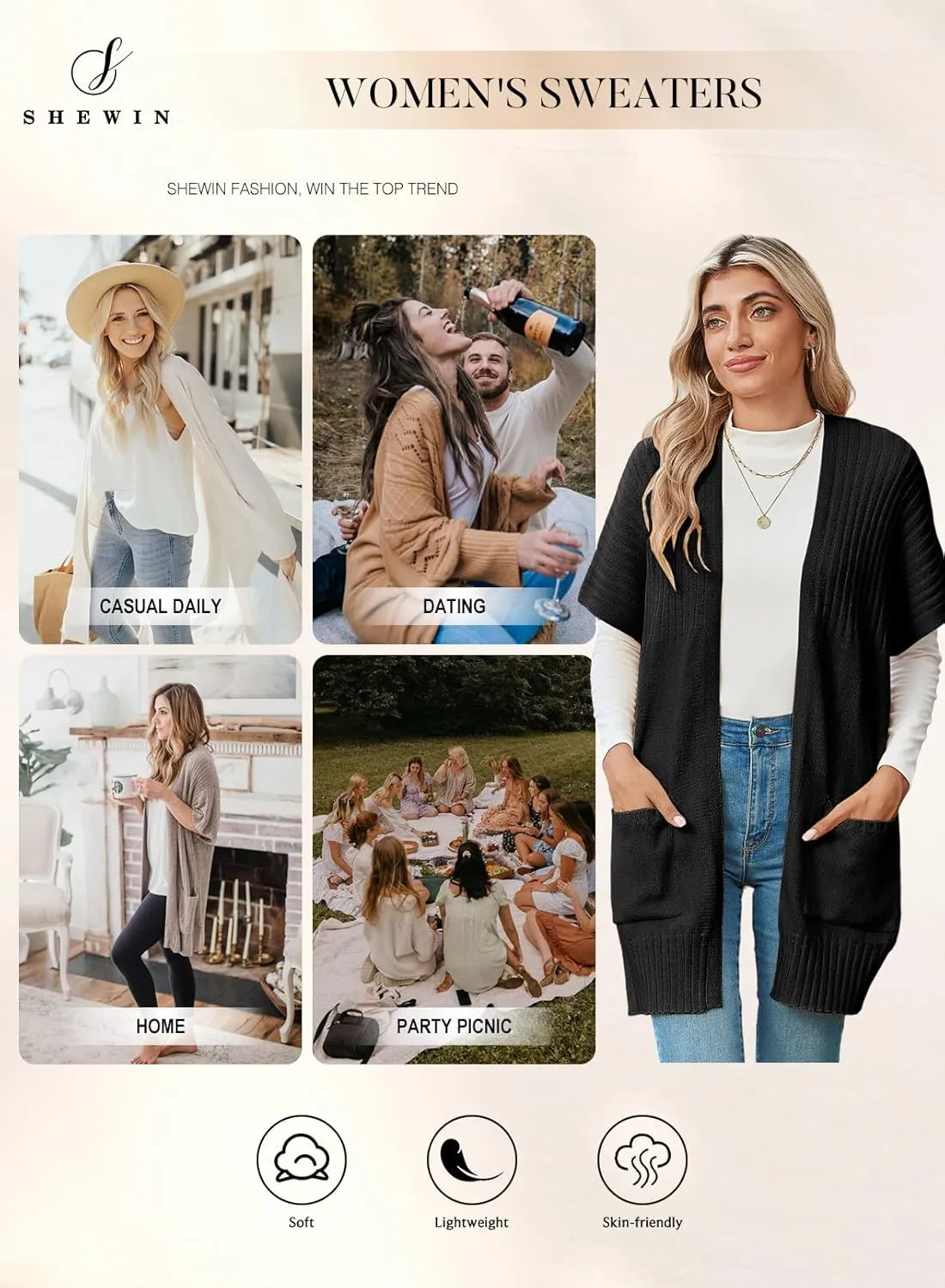 SHEWIN Cardigan Sweaters for Women Lightweight Open Front Pleated Summer Short Sleeve Cardigans Sweater