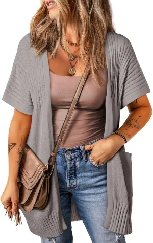 SHEWIN Cardigan Sweaters for Women Lightweight Open Front Pleated Summer Short Sleeve Cardigans Sweater