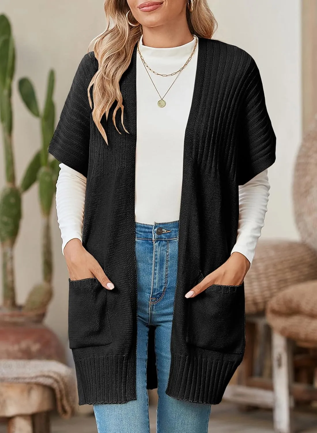 SHEWIN Cardigan Sweaters for Women Lightweight Open Front Pleated Summer Short Sleeve Cardigans Sweater