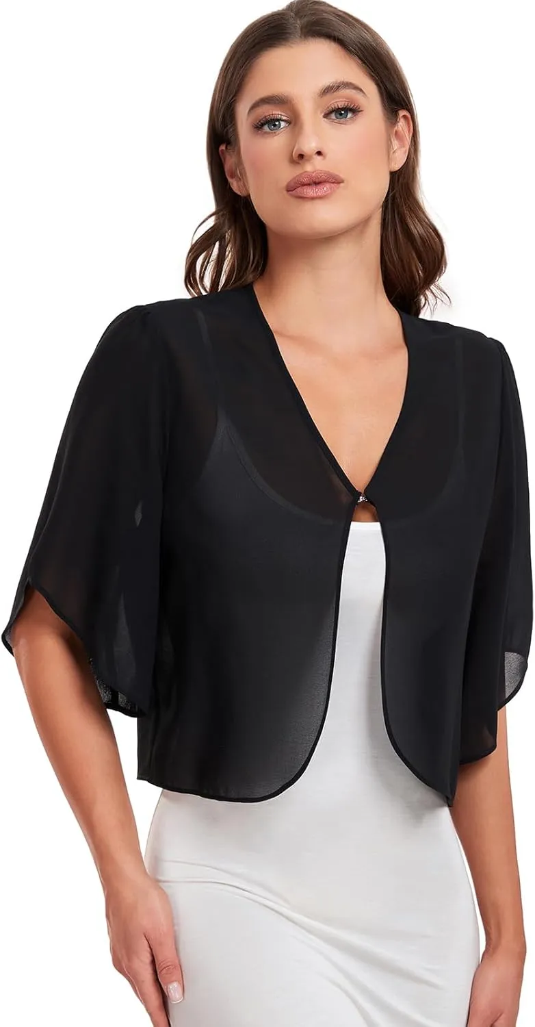 SURVODJA Womens Chiffon Cropped Cardigans Lightweight Sweaters Short Sleeve Bolero Shrugs for Dress