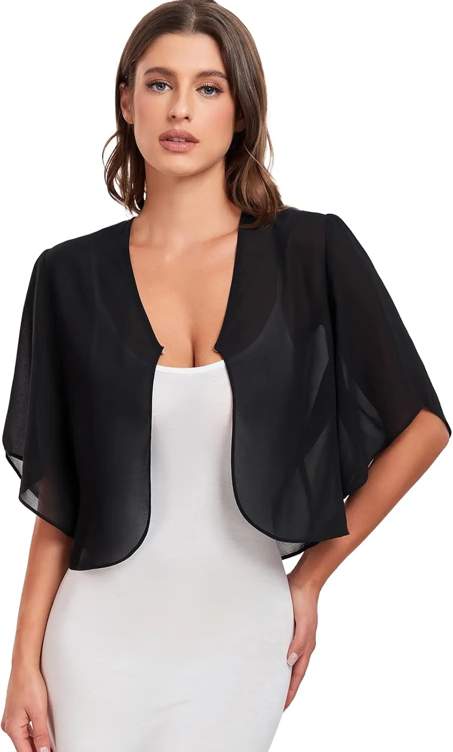 SURVODJA Womens Chiffon Cropped Cardigans Lightweight Sweaters Short Sleeve Bolero Shrugs for Dress