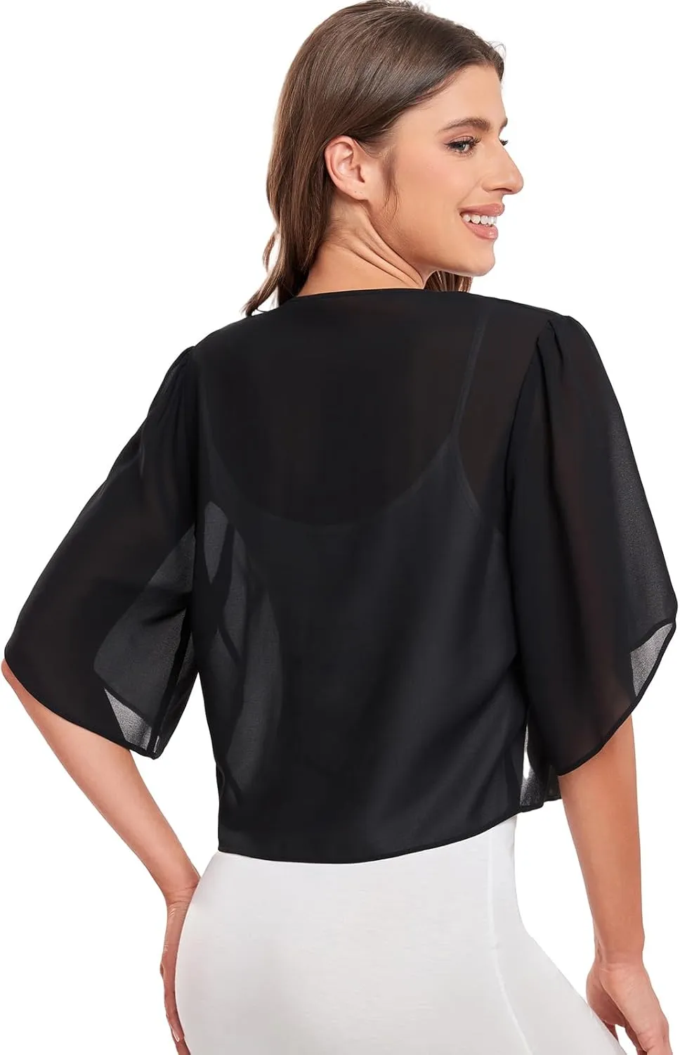SURVODJA Womens Chiffon Cropped Cardigans Lightweight Sweaters Short Sleeve Bolero Shrugs for Dress