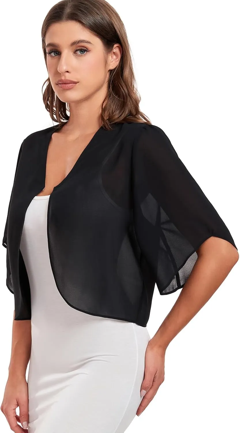 SURVODJA Womens Chiffon Cropped Cardigans Lightweight Sweaters Short Sleeve Bolero Shrugs for Dress