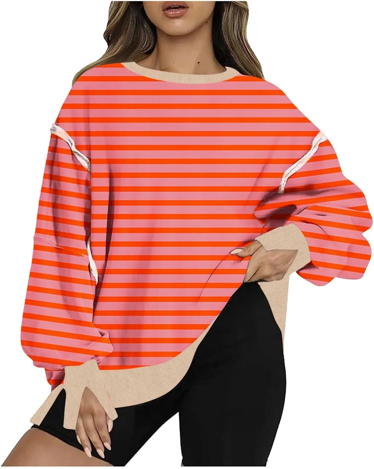 Sweatshirts for Women Striped Oversized Hoodies Long Sleeve Crewneck Fall Outfits Fashion Pullover Tops