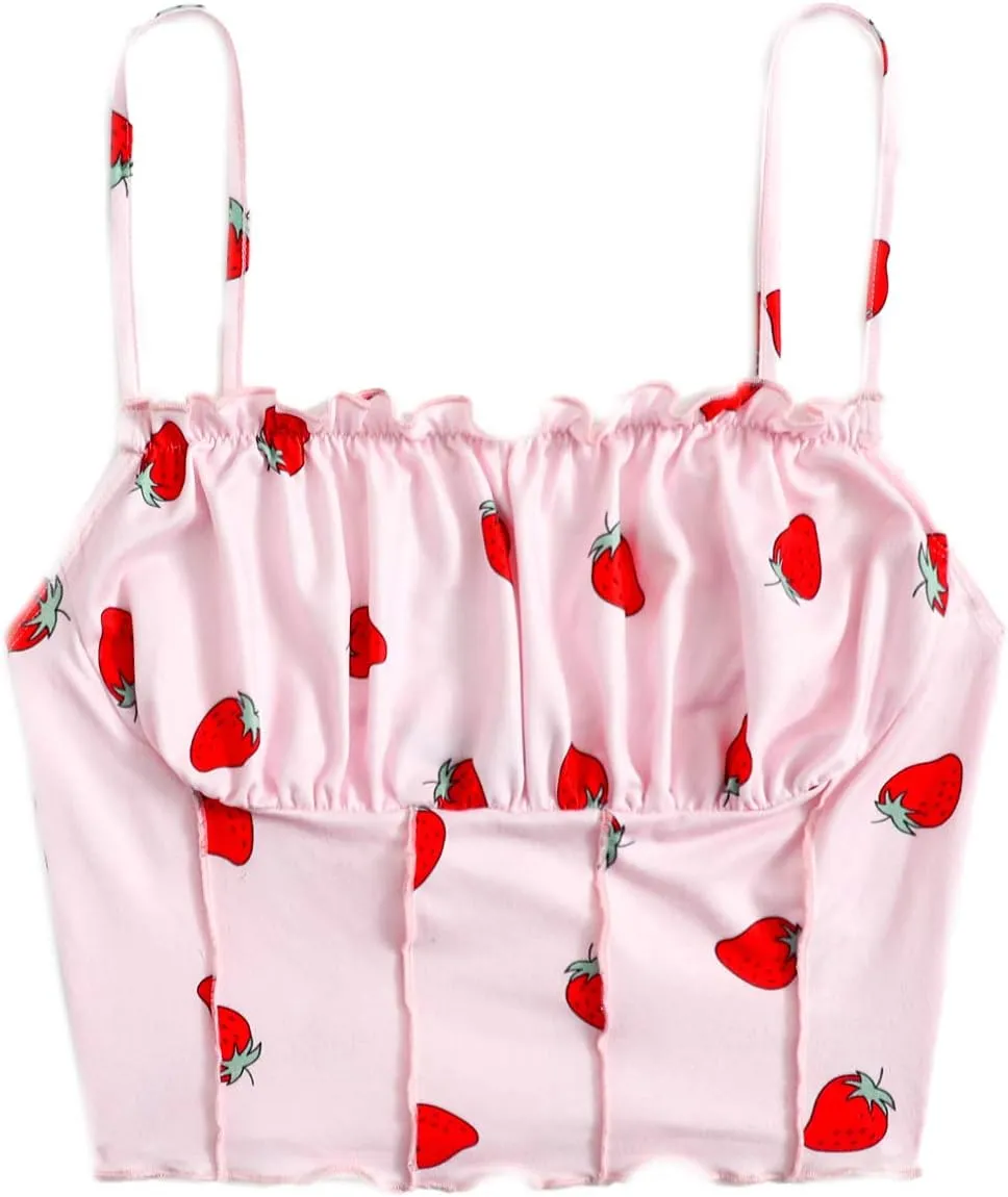 SweatyRocks Women's Ruched Frill Trim Spaghetti Strap Crop Cami Tank Tops Camisole