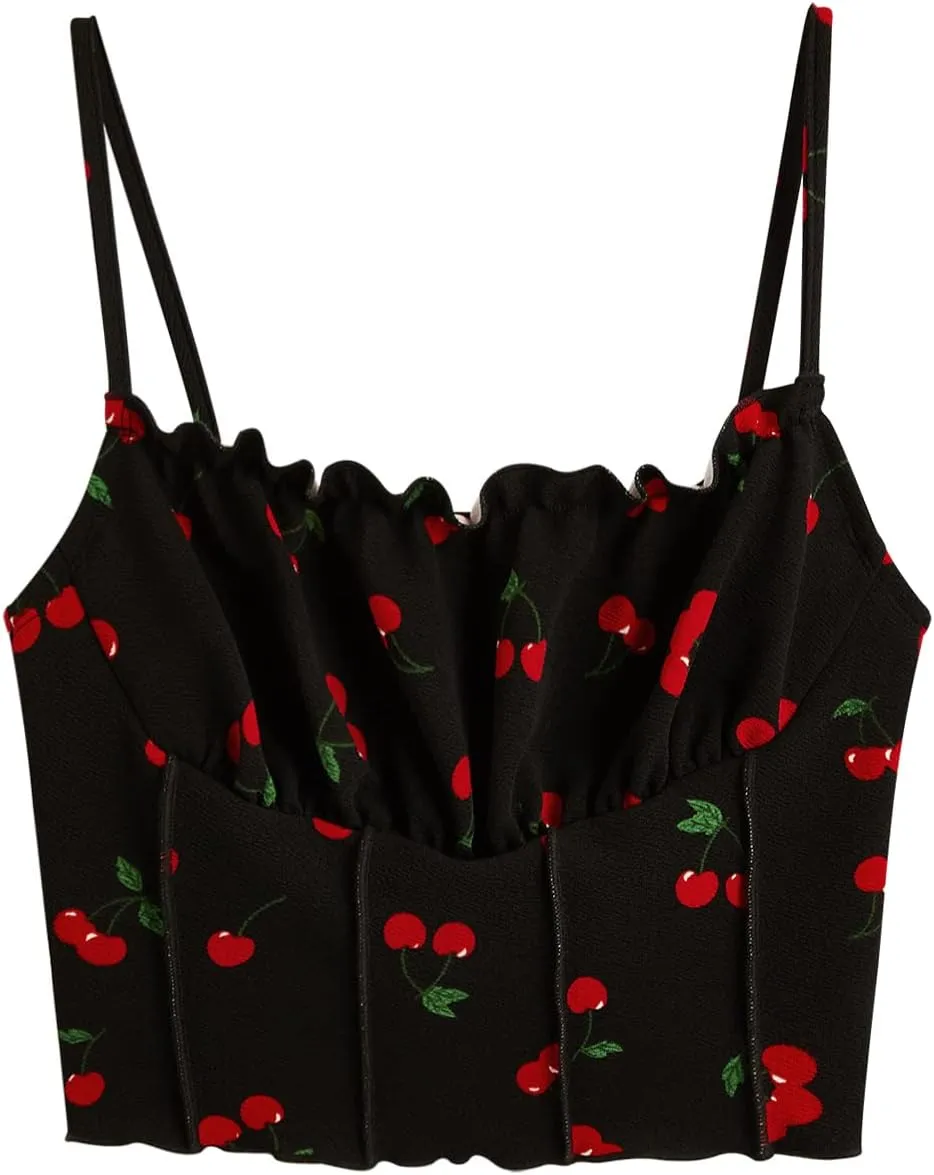 SweatyRocks Women's Ruched Frill Trim Spaghetti Strap Crop Cami Tank Tops Camisole