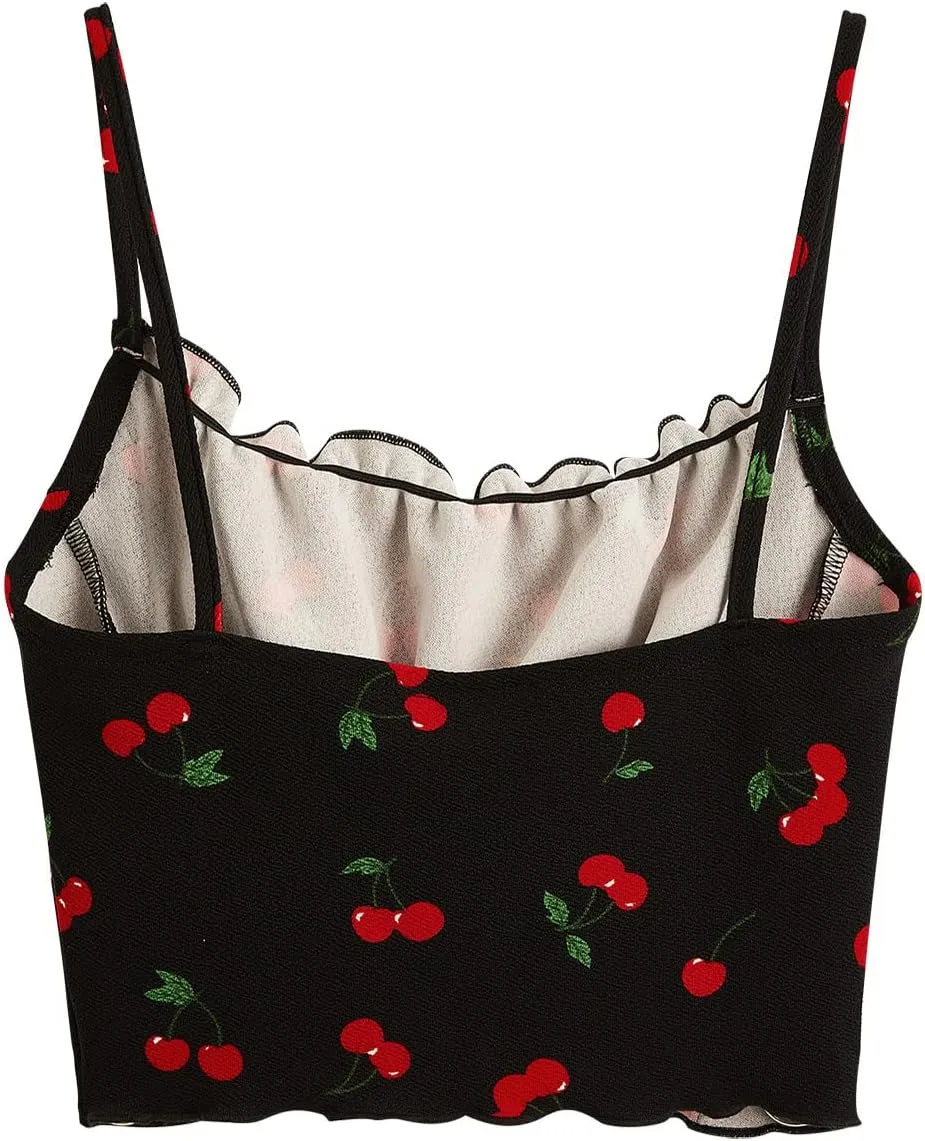 SweatyRocks Women's Ruched Frill Trim Spaghetti Strap Crop Cami Tank Tops Camisole