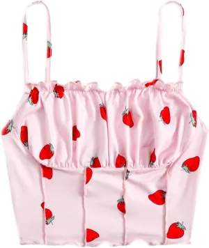SweatyRocks Women's Ruched Frill Trim Spaghetti Strap Crop Cami Tank Tops Camisole