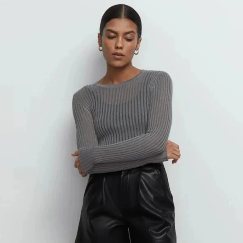 Trendy Long Sleeve Striped Mesh Shirt