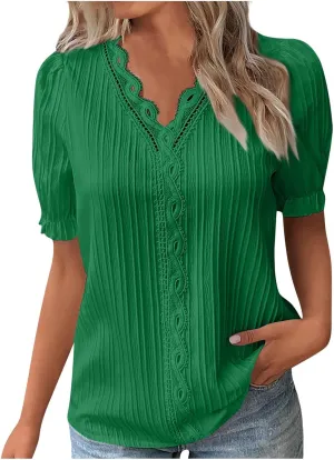 Tunic Tops for Women Casual Spring Womens Lace V Neck Puff Short Sleeve Pleated T-Shirts Summer Tops Tunic Blouse
