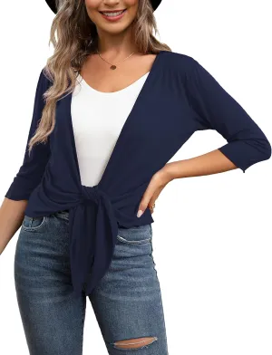 VOIANLIMO Women's Tie Front Casual 3/4 Sleeve Cropped Bolero Lightweight Sheer Shrug Cardigans S-XL