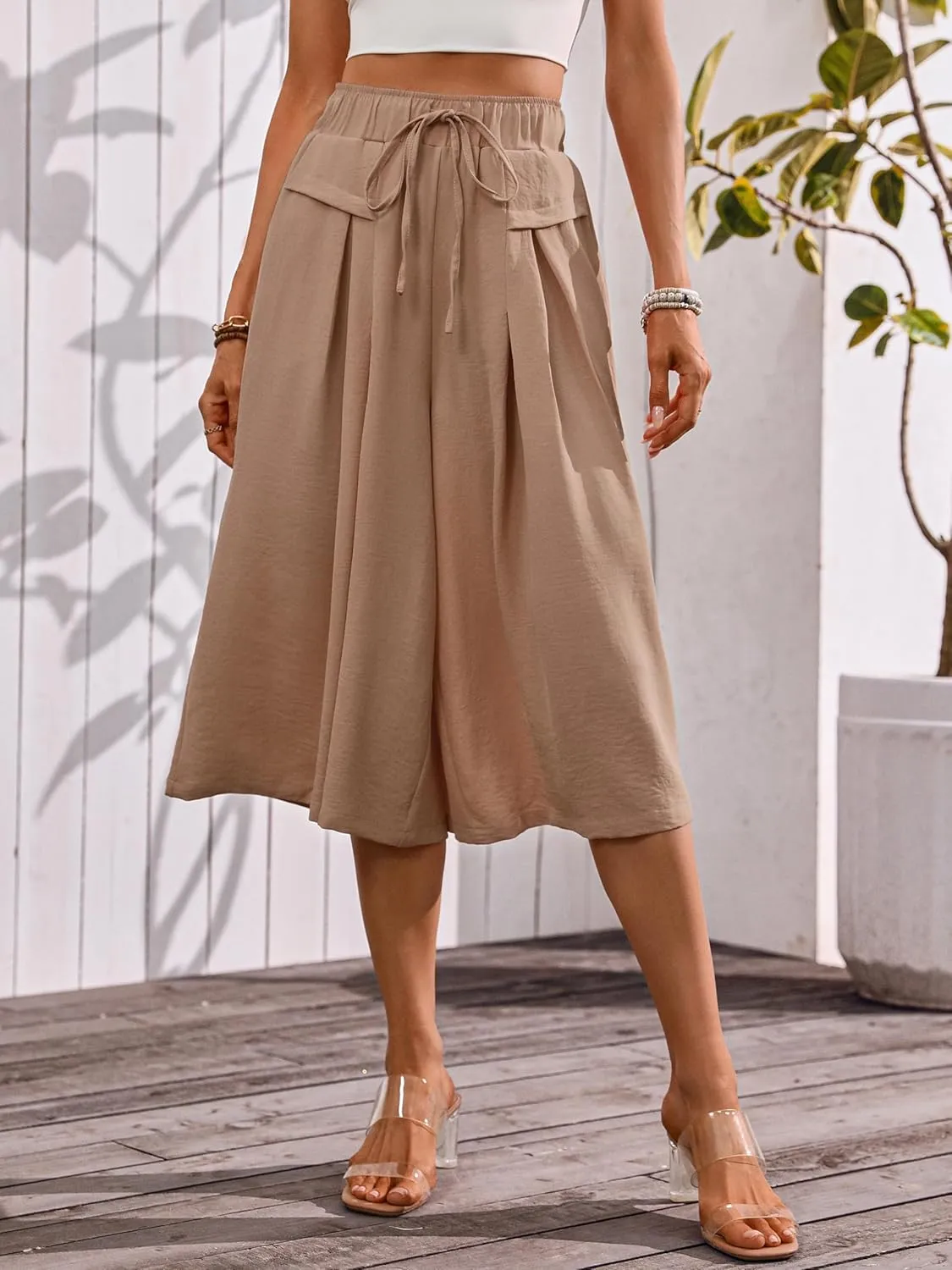 Wide Leg Capris Pants for Women Flowy Summer Casual Elastic Waist Cropped Pants Lounge Palazzo Trousers with Pocket
