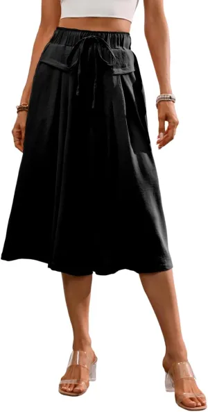 Wide Leg Capris Pants for Women Flowy Summer Casual Elastic Waist Cropped Pants Lounge Palazzo Trousers with Pocket