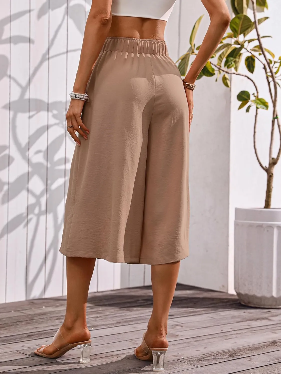 Wide Leg Capris Pants for Women Flowy Summer Casual Elastic Waist Cropped Pants Lounge Palazzo Trousers with Pocket