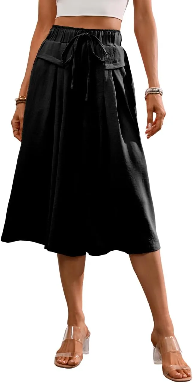 Wide Leg Capris Pants for Women Flowy Summer Casual Elastic Waist Cropped Pants Lounge Palazzo Trousers with Pocket