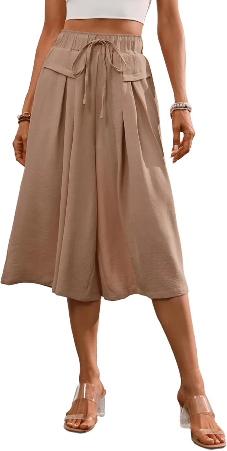 Wide Leg Capris Pants for Women Flowy Summer Casual Elastic Waist Cropped Pants Lounge Palazzo Trousers with Pocket