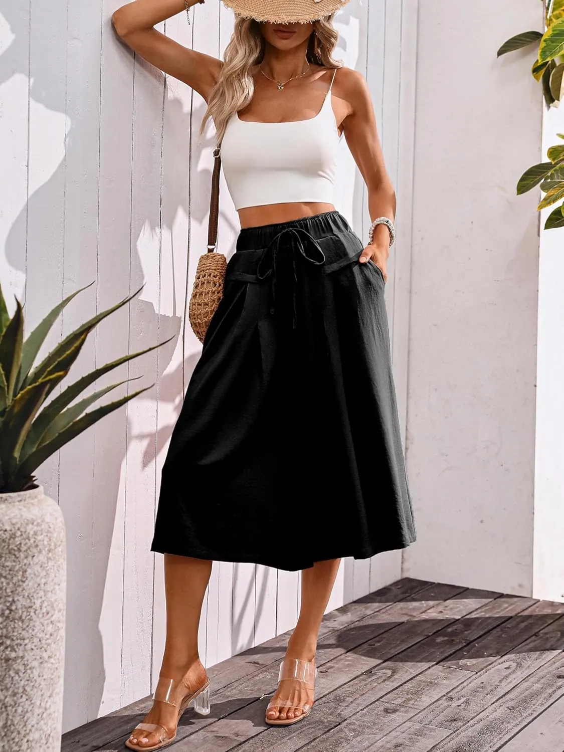 Wide Leg Capris Pants for Women Flowy Summer Casual Elastic Waist Cropped Pants Lounge Palazzo Trousers with Pocket