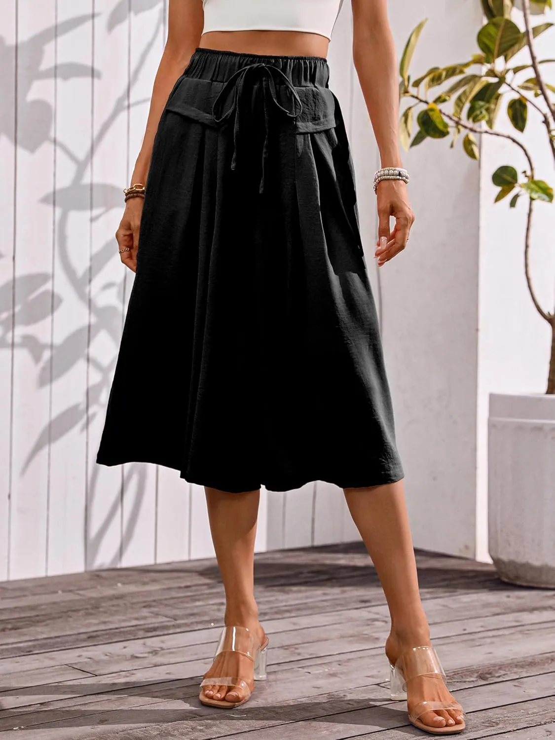 Wide Leg Capris Pants for Women Flowy Summer Casual Elastic Waist Cropped Pants Lounge Palazzo Trousers with Pocket