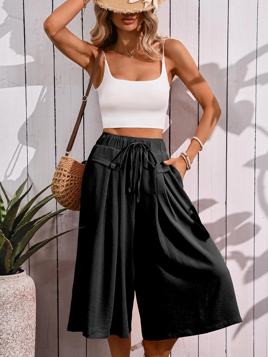Wide Leg Capris Pants for Women Flowy Summer Casual Elastic Waist Cropped Pants Lounge Palazzo Trousers with Pocket