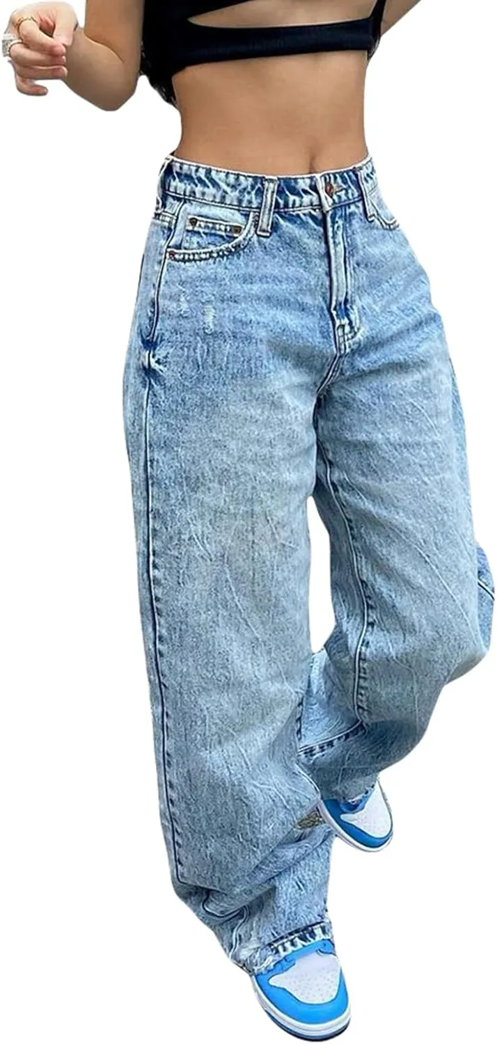 Women Fashion Denim Pants High Waist Straight Leg Baggy E-Girls Boyfriend Jeans Trousers Streetwear