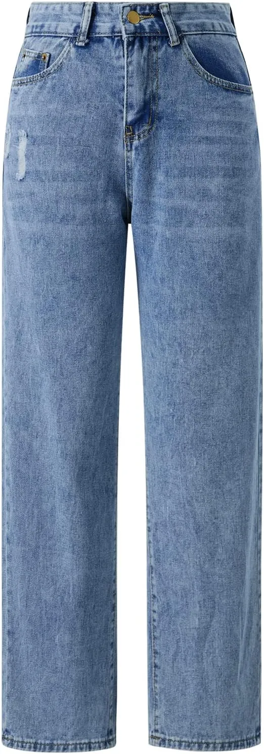 Women Fashion Denim Pants High Waist Straight Leg Baggy E-Girls Boyfriend Jeans Trousers Streetwear