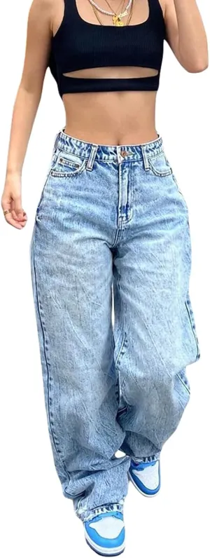Women Fashion Denim Pants High Waist Straight Leg Baggy E-Girls Boyfriend Jeans Trousers Streetwear