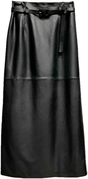 Women Leather Pencil Midi Skirt High Waist Belt Split Long Straight Skirt Solid Bodycon Wrap Skirt