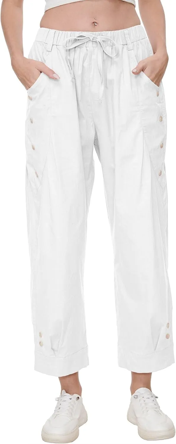 Women Wide Leg Capri Pants Drawstring Elastic Waist Lounge Pants Baggy Cinch Bottom Cropped Trousers with Pockets