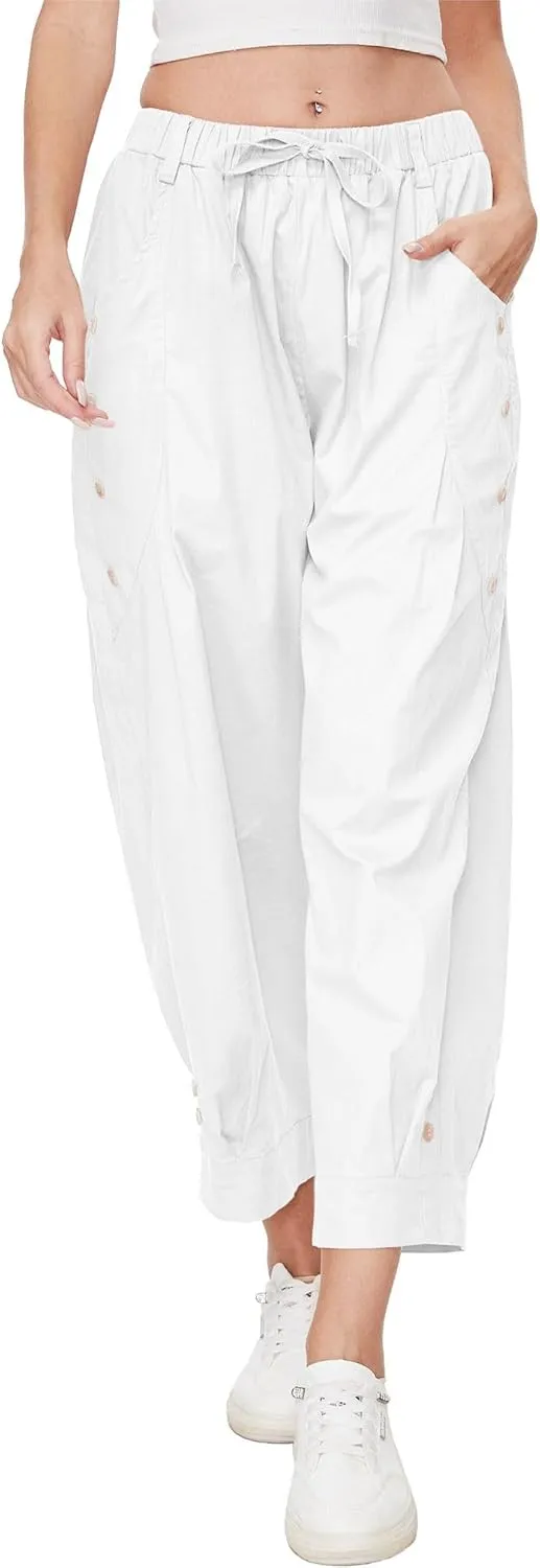 Women Wide Leg Capri Pants Drawstring Elastic Waist Lounge Pants Baggy Cinch Bottom Cropped Trousers with Pockets